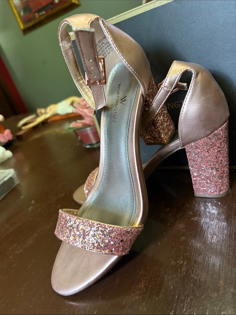 Rose Gold Glitter Block Heel Sandals - Picture 4 of 6